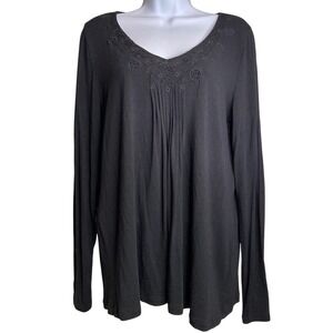 J Jill Women's Black Embroidered V Neck‎ Long Sleeve Top Size M Oversized Flowy